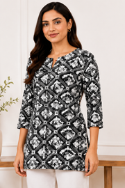 Women’s Black Cotton Cambric Printed Short Kurti