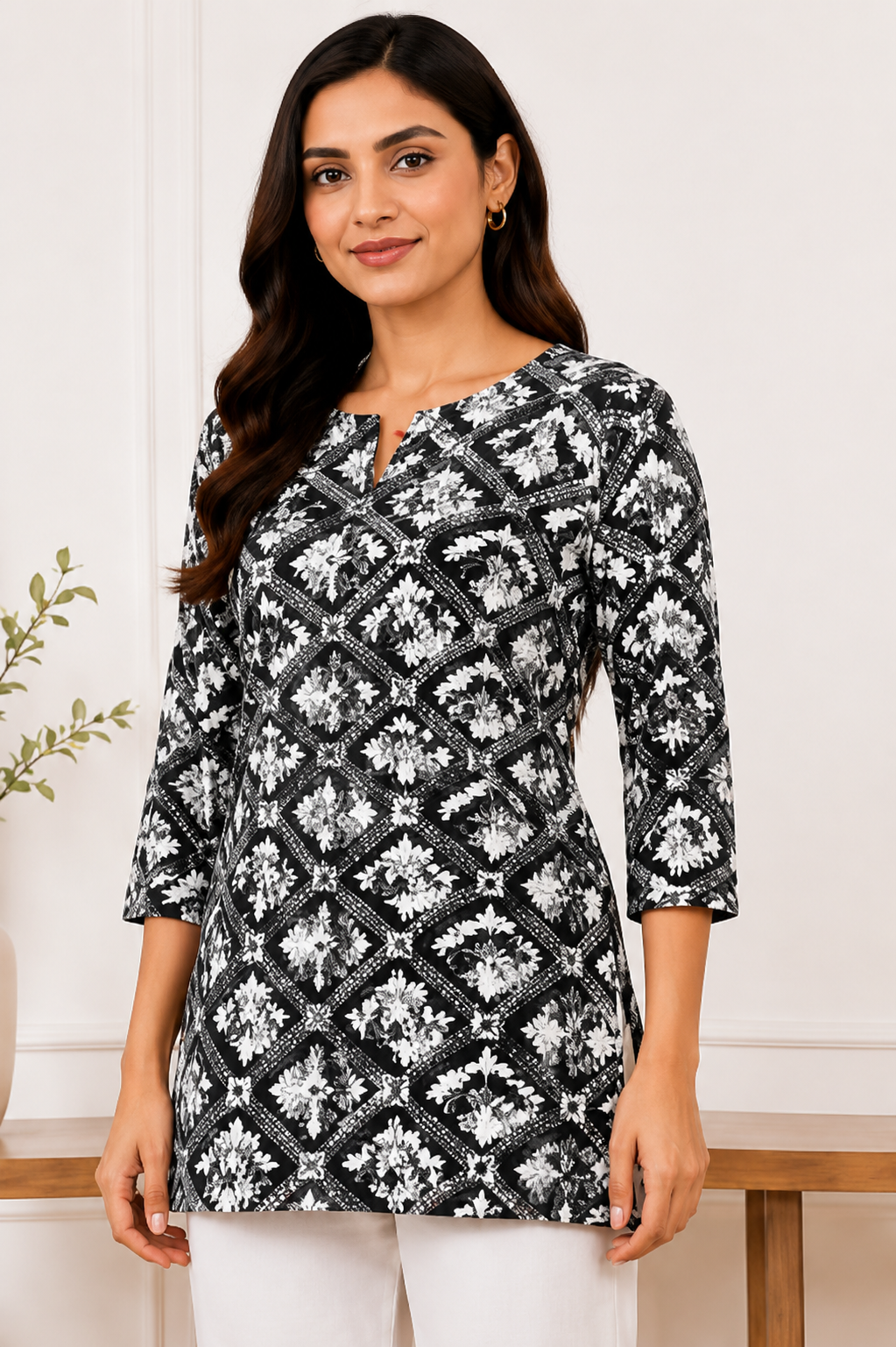 Women’s Black Cotton Cambric Printed Short Kurti