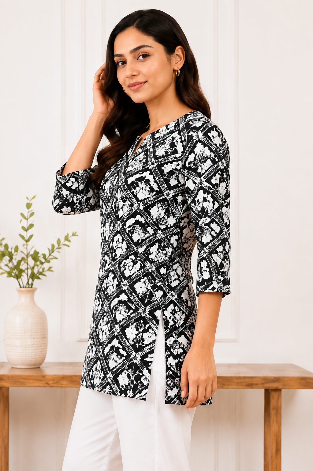 Women’s Black Cotton Cambric Printed Short Kurti
